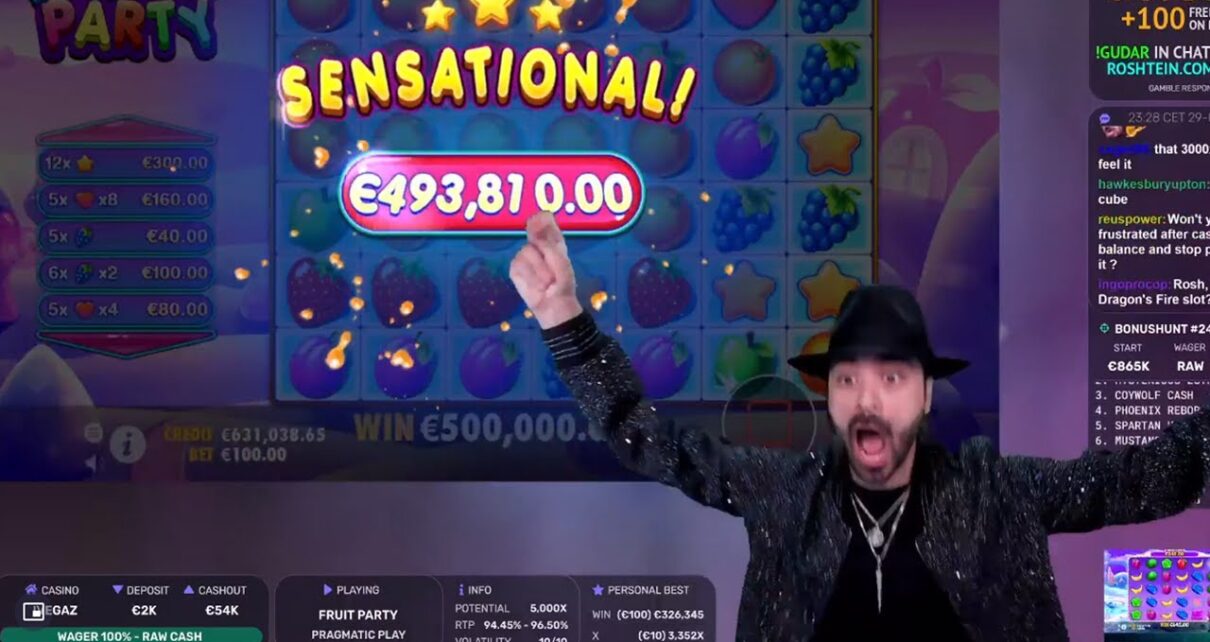 Roshtein Wins 500000€  Fruit Party – Online Casino Big Win in Slots