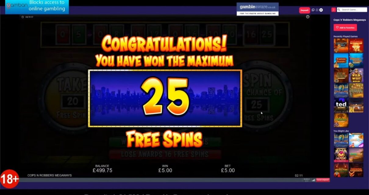 Online Casino slots live stream.- Roulette  spins and 25 free spins @ £5 cops and robbers :)